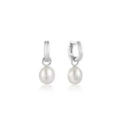 Ania Haie "Silver Pearl Drop Sparkle Huggie Hoop" Earrings