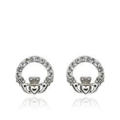 Claddagh Sterling Silver White Crystal Stud Earrings