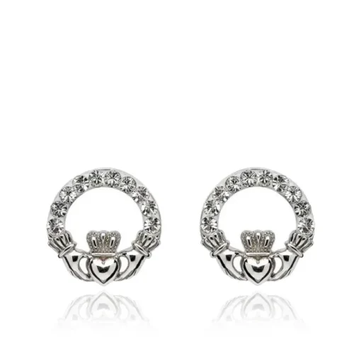 Claddagh Sterling Silver White Crystal Stud Earrings