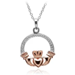 Claddagh Stone Set Silver Rose Gold Plated Necklace