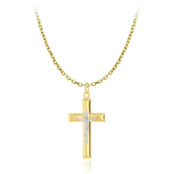 9CT 2 COLOUR GOLD LARGE CRUCIFIX PENDANT HOLLOW CHAIN NECKLACE