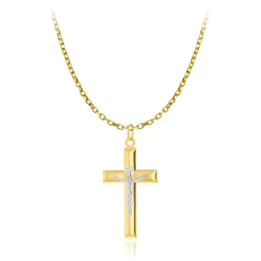 9CT 2 COLOUR GOLD LARGE CRUCIFIX PENDANT HOLLOW CHAIN NECKLACE