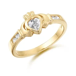 9ct Gold CZ Claddagh Ring with Channel set stone shoulders