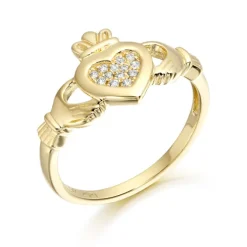 9ct Gold CZ Claddagh Ring with MicroPave Stone setting