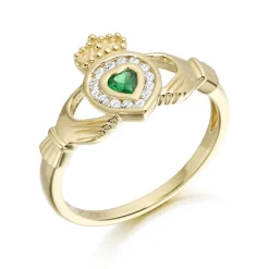9ct Gold CZ Emerald Claddagh Ring with Channel Stone setting