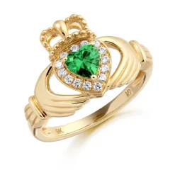 9ct Gold CZ Emerald Claddagh Ring with MicroPave Stone setting
