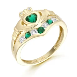 9ct Gold CZ Emerald Claddagh Ring with chanel set stone setting