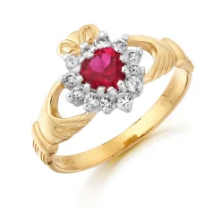 9ct Gold CZ Ruby Claddagh Ring with classic claw stone setting