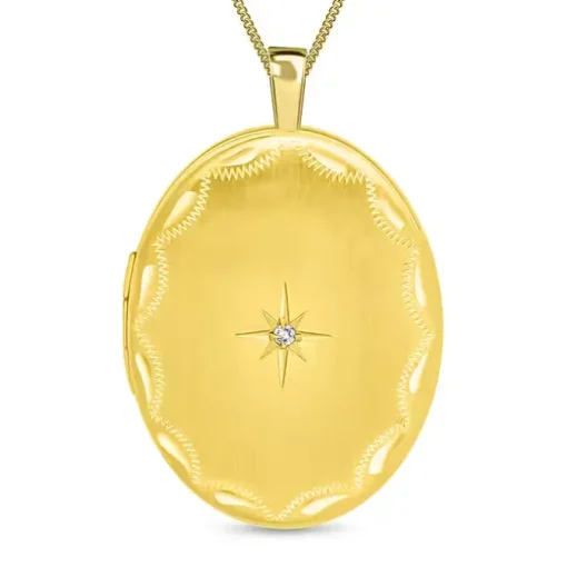 9ct Yellow Gold Diamond Set Etched Oval Locket