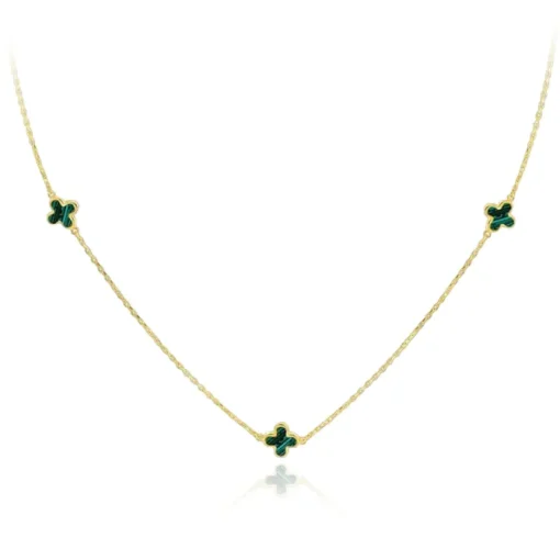 9CT YELLOW GOLD MALACHITE CLOVER PETALS NECKLACE