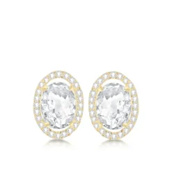 9CT YELLOW GOLD OVAL CZ AND PAVE SET STUD EARRINGS
