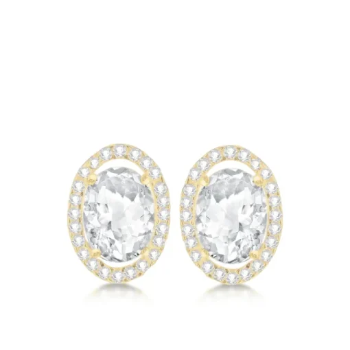 9CT YELLOW GOLD OVAL CZ AND PAVE SET STUD EARRINGS