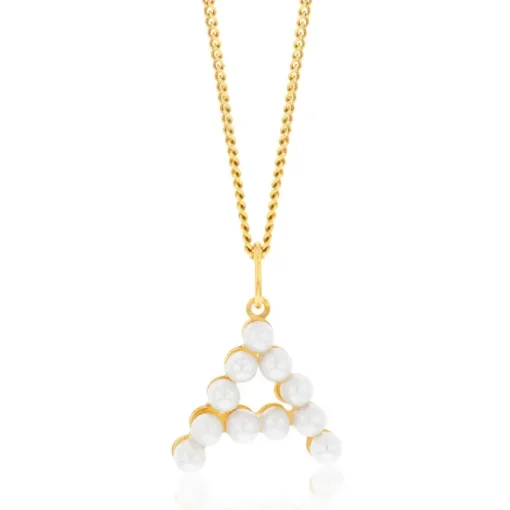 9CT YELLOW GOLD PEARLS INITIAL 'A' PENDANT AND CURB CHAIN Necklace