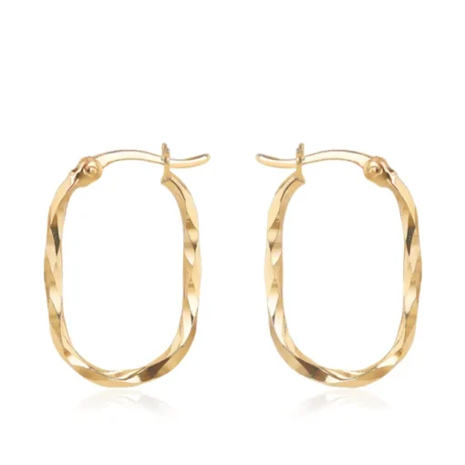 9CT Yellow Gold Twisted Oval Diamond Cut Hoop Earrings