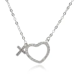 First Communion Sterling Silver CZ Heart and Cross Necklace