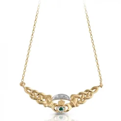 9K Gold CZ Claddagh Necklace combined with Celtic design