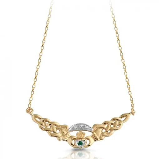 9K Gold CZ Claddagh Necklace combined with Celtic design