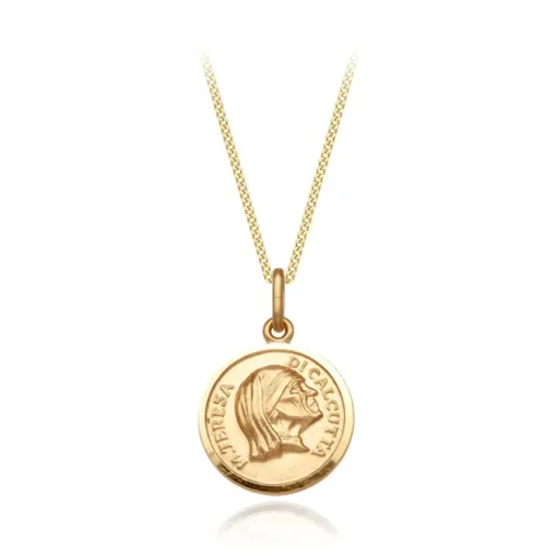 9K Gold Mother Teresa Medal Round Belcher Chain Necklace