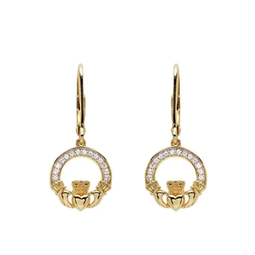 14KT Gold Vermeil CZ Drop Claddagh Earrings