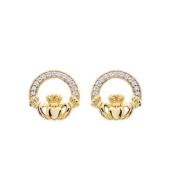 14KT Gold Vermeil CZ Stud Claddagh Earrings