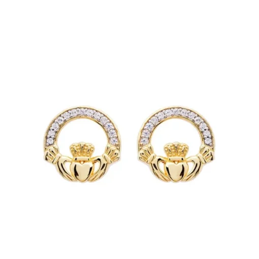14KT Gold Vermeil CZ Stud Claddagh Earrings
