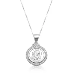 Silver Padre Pio CZ Medal Necklace