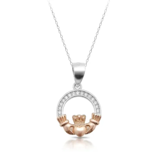 Silver Rose Gold Plated Claddagh Pendant Necklace