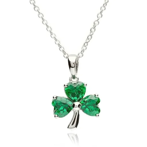 Sterling Silver Green CZ Celtic Shamrock Pendant Necklace