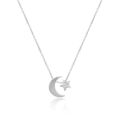 Sterling Silver Moon and Diamond Cut Star Pendant Necklace