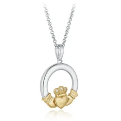 YELLOW GOLD & SILVER DIAMOND CLADDAGH NECKLACE
