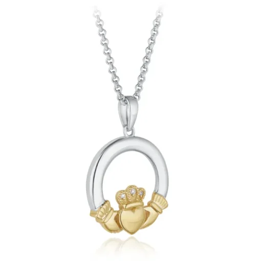 YELLOW GOLD & SILVER DIAMOND CLADDAGH NECKLACE